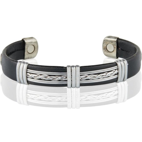 Silver Tone Design Leatherette Copper Magnetic Bracelet Cuff Bangle - Picture 1 of 1
